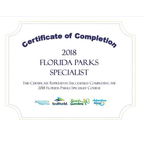 SeaWorld Florida Specialist Certificate 2018